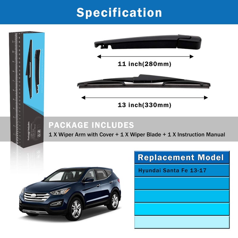 WTI Rear Wiper Arm Blade Set Compatible With Hyundai Santa Fe 2013-2017 SUV Rear Windshield Window Wiper Kits Assembly New Replacement Accessories Parts Fit 98811B8000 - Image 5
